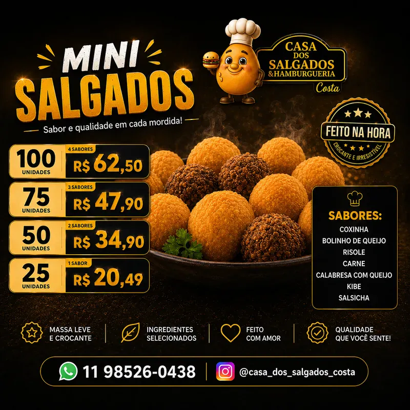Kits de mini salgados nas opções de 25, 50, 75 e 100 unidades