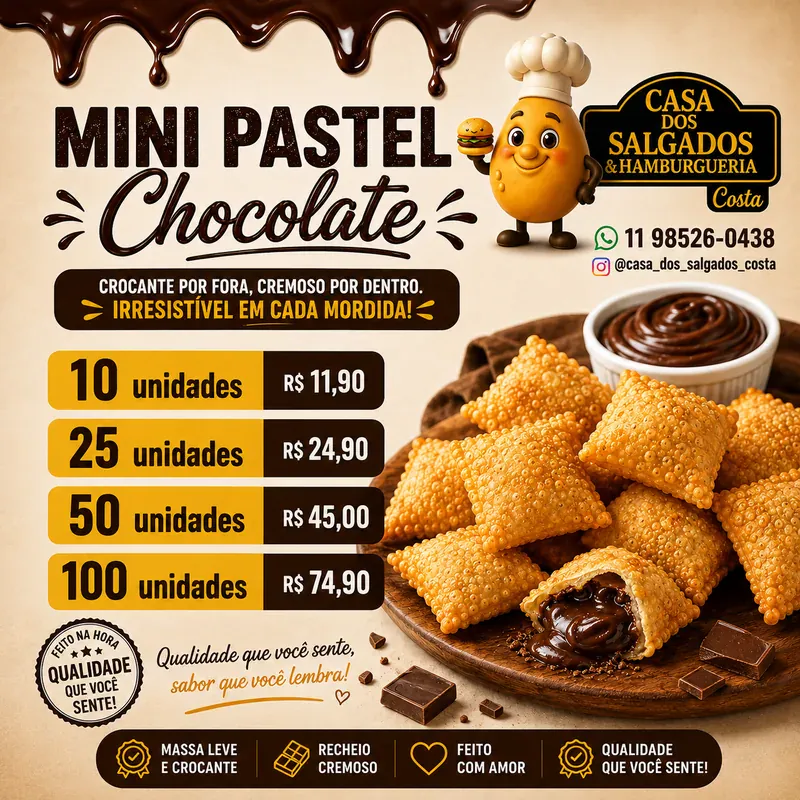 Mini pastel de chocolate nas opções de 10, 25, 50 e 100 unidades