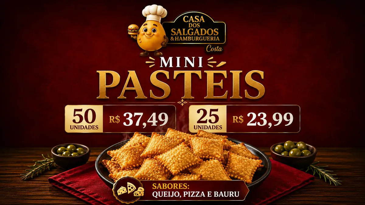 Mini pastéis nos sabores queijo, pizza e bauru